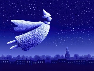 A Christmas angel flies across the starry sky above a winter city at night. Illustration for a New Year's card or children's book.