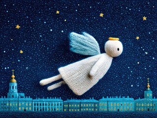 A Christmas angel flies across the starry sky above a winter city at night. Illustration for a New Year's card or children's book.