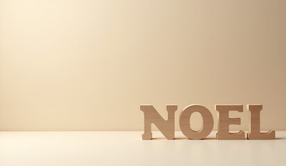 Noel wooden decoration on beige background (copy space)