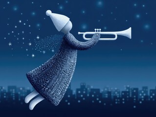 A cartoon angel flies with a horn over a winter city at night. Children's illustration, Christmas card