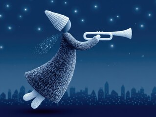 A cartoon angel flies with a horn over a winter city at night. Children's illustration, Christmas card