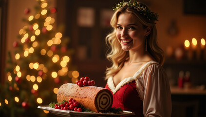 Smiling woman with a wreath on her head and in festive clothes holds in her hands a Christmas cake "Yuletide log" with Christmas tree garlands