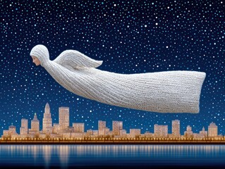 A Christmas angel flies across the starry sky above a winter city at night. Illustration for a New Year's card or children's book.