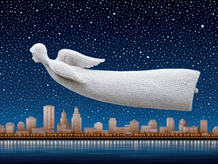 A Christmas angel flies across the starry sky above a winter city at night. Illustration for a New Year's card or children's book.