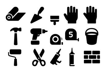 Obraz premium Waterproof Membrane Tools. Waterproof membrane installation. Solid icon set of waterproof membrane installation: membrane roll, trowel, brush, gloves, hammer,