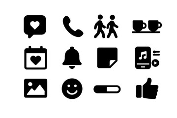Everyday Check-ins Icons. Everyday Check-ins. Solid icon set of Everyday Check-ins: morning text, midday call, evening walk, coffee meetup, calendar heart,