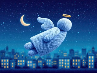 A Christmas angel flies across the starry sky above a winter city at night. Illustration for a New Year's card or children's book.