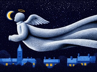 A Christmas angel flies across the starry sky above a winter city at night. Illustration for a New Year's card or children's book.