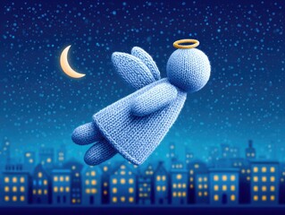 A Christmas angel flies across the starry sky above a winter city at night. Illustration for a New Year's card or children's book.