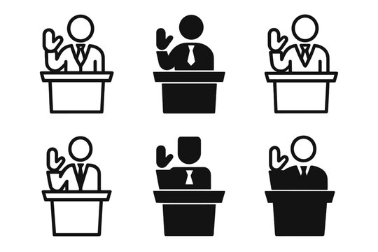 Courtroom Objection Icons. Lawyer Making Objections. Icon set. Set Logo of Courtroom Objection: lawyer at podium speaking. harmonious logo variations of the