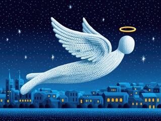 A Christmas angel flies across the starry sky above a winter city at night. Illustration for a New Year's card or children's book.