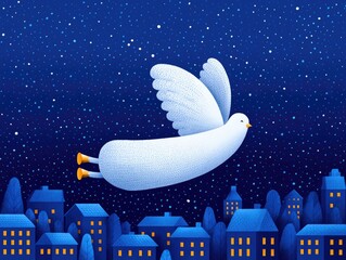 A white fairytale dove flies over a winter city at night. A magical bird illustration for a Christmas card or children's book.