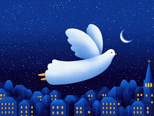 A white fairytale dove flies over a winter city at night. A magical bird illustration for a Christmas card or children's book.