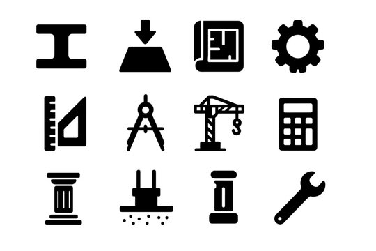 Structural Engineering Icons. Structural engineering. Solid icon set of structural engineering: beam, load icon, blueprint, gear, ruler, compass, crane,
