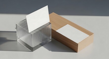 Sleek office stationery setup with a blank business card mockup in a fluted glass holder and wooden box under bright sunlight