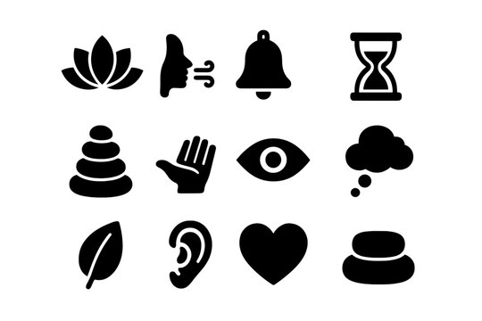 Mindfulness Icon Set. Mindfulness and focus. Line icon set of mindfulness and focus: lotus flower, brain, headphones, breath icon, metronome, chair, journal,