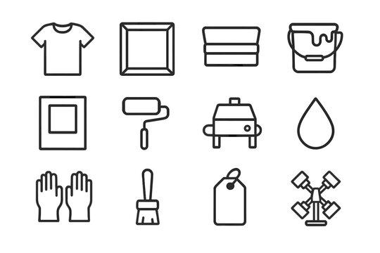 Screen Printing Icons. Screen printing. Line icon set of screen printing: T-shirt, screen frame, squeegee, paint bucket, stencil, roller, dryer, ink drop,