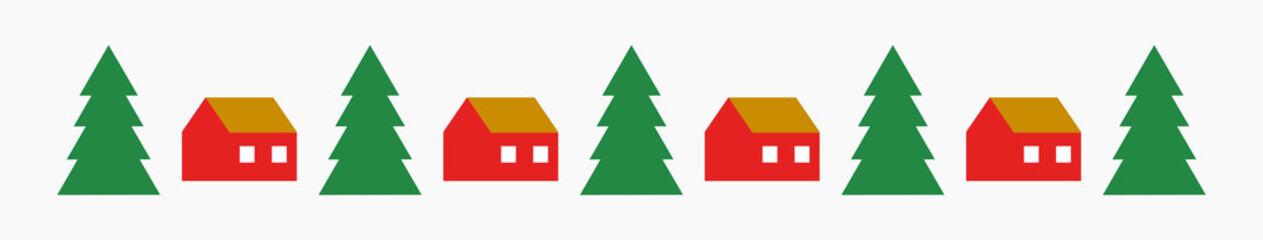 Christmas red houses and Christmas trees border. Vector illustration.
