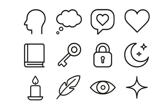Inner Thoughts Icons. Inner thoughts. Line icon set of inner thoughts: head silhouette, thought bubble, cloud, heart, journal, key, lock, moon, stars, candle,
