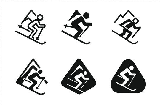 Mountain Skiing Logos. Skiing on mountain slopes. Icon set. Set Logo of skiing on mountain slopes: skier with poles gliding down slope. harmonious logo