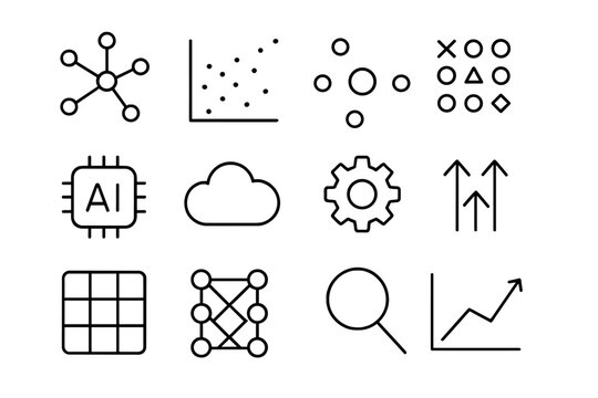 Unsupervised Learning Icons. Unsupervised learning. Line icon set of unsupervised learning: cluster nodes, scatter plot, centroid, pattern discovery, AI chip,