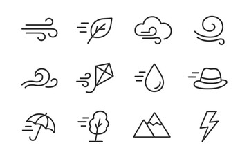 Fototapeta premium Wind Motion Icons. Wind and motion. Line icon set of wind and motion: gust lines, leaf, cloud, swirl, wave, kite, droplet, hat, umbrella, tree, mountain,