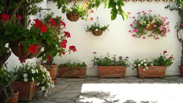 Charming courtyard filled with vibrant flowers in terracotta pots and hanging baskets, a peaceful