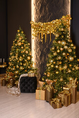 Luxurious Christmas interior with two beautifully decorated Christmas trees adorned with golden ornaments and lights. Elegant wrapped gifts with golden ribbons sit beneath the trees, creating a