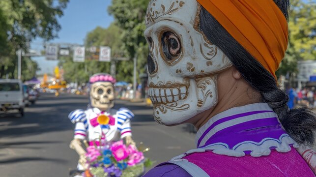Celebration of Dia De Las Mascotas Muertas With Colorful Costumes in a City Street