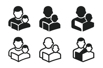 Father-Son Reading Logos. Father and son activity. Icon set. Set Logo of father and son activity: reading a book together. harmonious logo variations of the