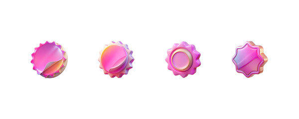 Set of four pink gradient badge icons isolated without background, glossy beveled edges, gold highlights, smooth 3D shapes with star and gear-style outlines.