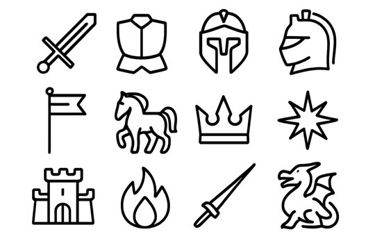 Knight's Valor Icons. Knight?s Valor. Line icon set of Knight?s Valor: sword, shield, armor, helmet, banner, horse, crown, star, castle, flame, lance, dragon.
