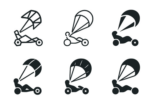 Kite Buggy Logos. Kite buggy. Set Logo of Kite buggy: traction kite towing sand buggy. harmonious logo variations of the same emblematic concept, each with