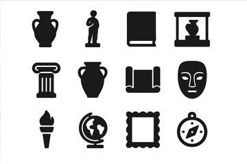 Museum Icon Collection. Museum and artifacts. Solid icon set of museum and artifacts: vase, statue, book, display case, column, pottery, scroll, mask, torch,