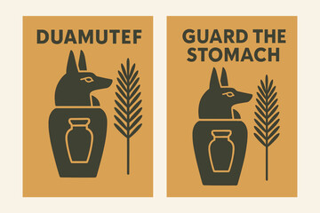 Duamutef Banner Pair. Canopic Protector. Two vertical A6 banners with safe margins, centered composition, no elements touching edges, flat vector design, ochre