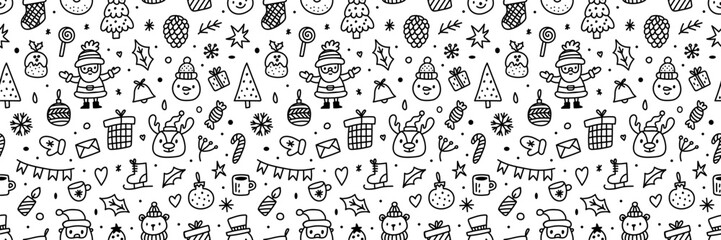 Seamless Christmas doodle pattern with hand-drawn Santa, reindeer, snowmen, gifts, trees, ornaments, holly, candy canes, stockings, festive elements. Black and white background, perfect for holidays