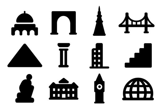 Architectural Icons Display. Architectural wonders. Solid icon set of Architectural wonders: dome, arch, tower, bridge, pyramid, column, skyscraper, staircase,