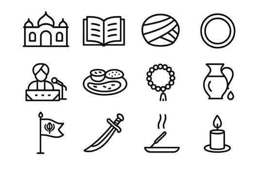 Sikh Ritual Icon Set. Sikhism rituals. Line icon set of Sikhism rituals: gurdwara, prayer book, turban, kara bracelet, kirtan music, langar meal, prayer beads,