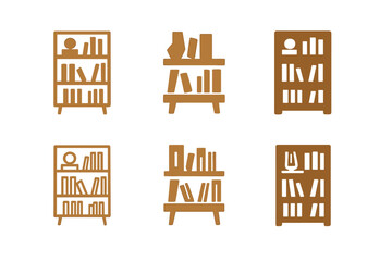 Stylized Bookshelf Icons. A modern bookshelf with clean lines and a wood finish. Icon set. Set Logo of A modern bookshelf with clean lines and a wood finish: