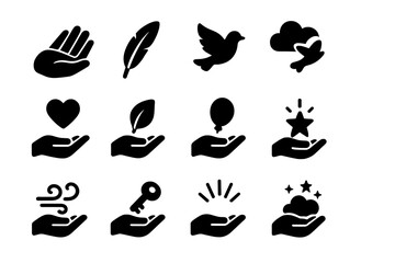 Fototapeta premium Icons of Release. Letting go. Solid icon set of letting go: hand, feather, bird, cloud, heart, leaf, balloon, star, wind, sky, key, light rays. Filled icons