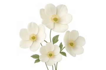 White anemone flowers blooming on transparent background, watercolor drawing of delicate floral pattern and fresh petals
