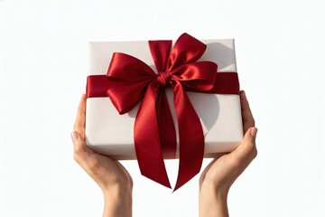 Hands holding a gift box with a red ribbon, symbolizing a festive and celebratory moment captured against a plain white background.