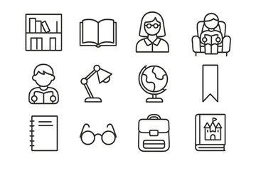 Children's Library Icons. Library for Children. Line icon set of Library for Children: bookshelf, open book, librarian, reading corner, child with book, lamp,