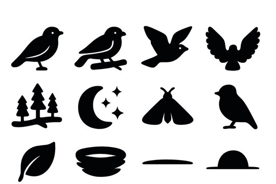 Nightjar Icons. Nightjar. Solid icon set of Nightjar: nightjar bird, perched nightjar, flying nightjar, bird wings spread, forest branch, moon, stars, insect