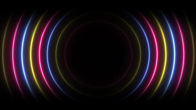 Audio waveform visualization. Neon radar and searching process. Radial music and audio waves. Futuristic neon background of glowing sound waves motion. Colorful neon lights forming circles. 4k loop.