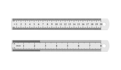 Steel ruler with metric scale, 20 cm length, 8 inch length, isolated on white. Perfect for measurement, design, and educational projects.