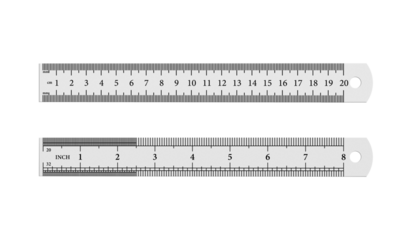 Steel ruler with metric scale, 20 cm length, 8 inch length, isolated on white. Perfect for measurement, design, and educational projects.