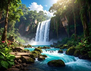Naklejka premium Majestic waterfall cascading into a pristine river amidst lush rainforest scenery