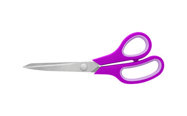 A pair of Purple handled scissors in closed position on a white background, featuring sharp stainless steel blades and ergonomic grips. Ideal for office or craft use with clean, isolated design.
