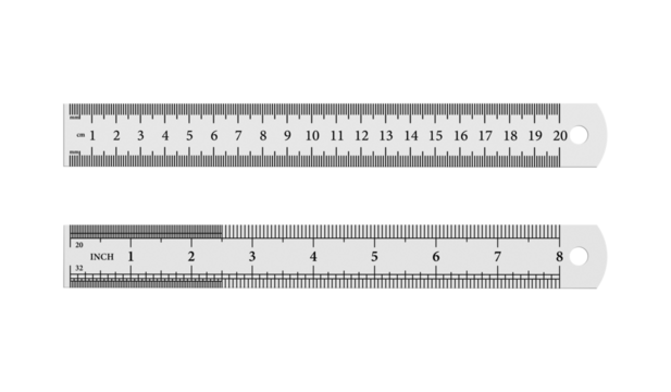 Steel ruler with metric scale, 20 cm length, 8 inch length, isolated on white. Perfect for measurement, design, and educational projects.